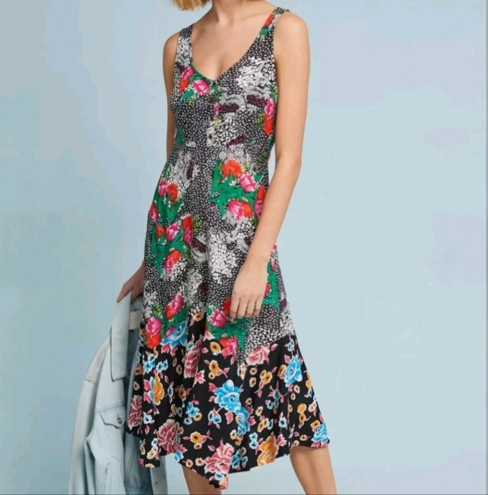 ANTHROPOLOGIE Maeve Nwot Violette Midi V-neck Dress By Maeve Pink Motif Size 0